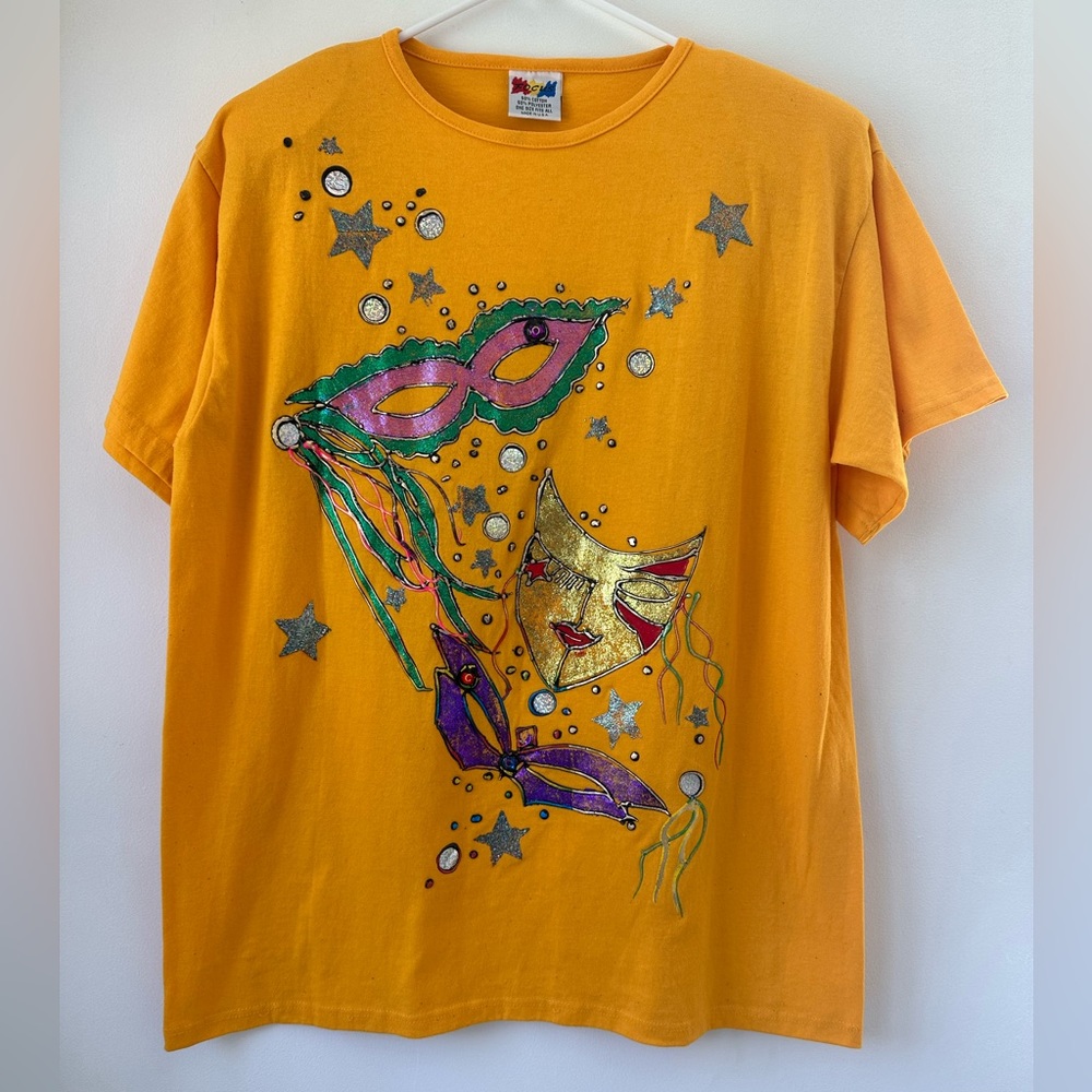 Vintage Focus Yellow Cotton Blend Embellished Masquerade Long T-Shirt One Size